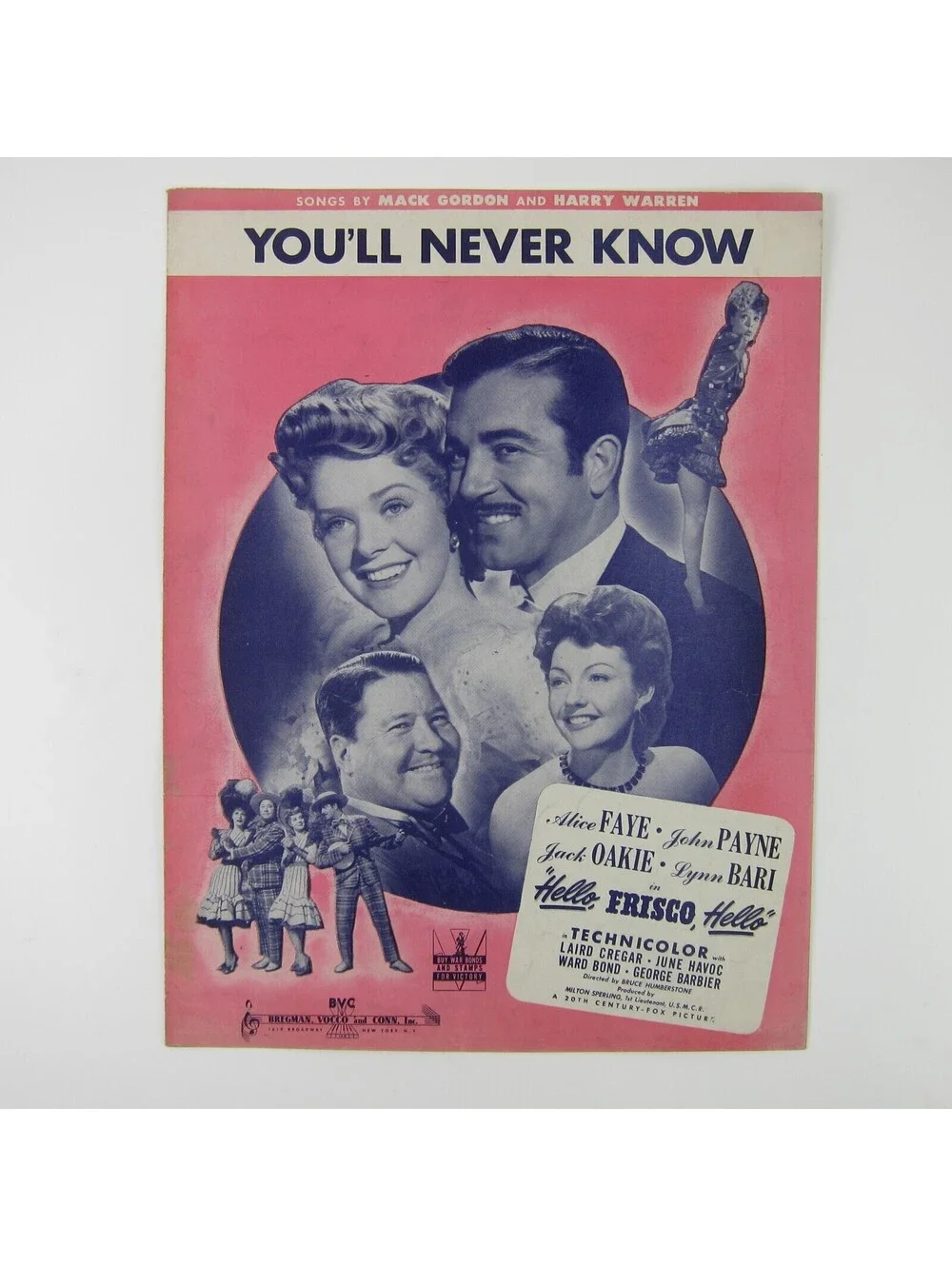 Sheet Music You'll Never Know Hello Frisco Hello Film Alice Faye Vintage 1943
